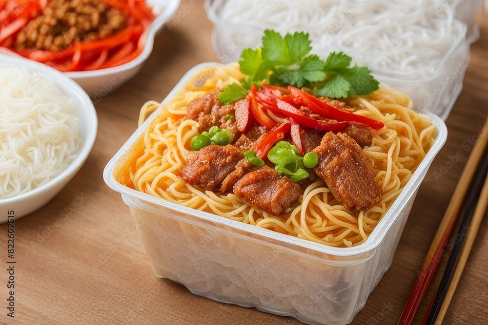 Pork spicy instant Noodles in Disposable Paper Container AI generated