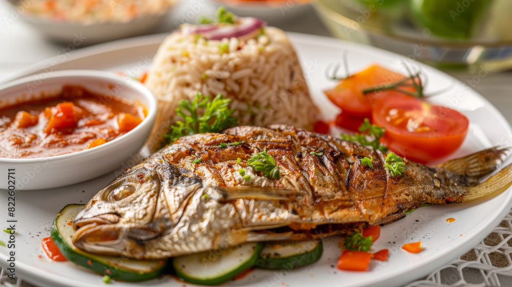 Tasty grilled fish with sautéed vegetables, fluffy rice, and tangy tomato sauce Tasty grilled fish with sautéed vegetables, fluffy rice, and tangy tomato sauce