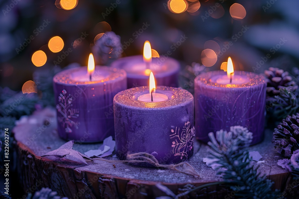 Purple candles burn wooden stump pine cones Purple candles burn wooden stump pine cones
