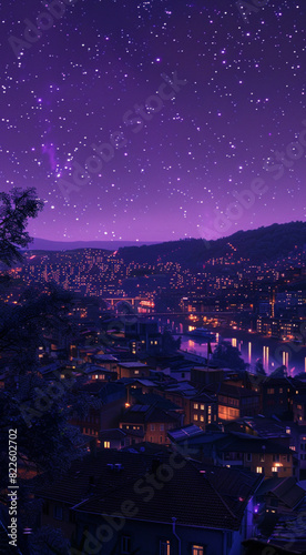 turkish city at night , purple night sky photo