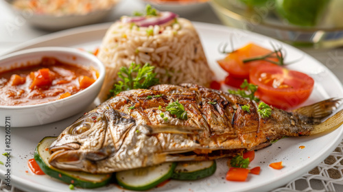 Tasty grilled fish with sautéed vegetables, fluffy rice, and tangy tomato sauce