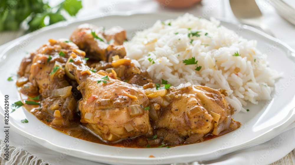 Savory chicken stew served with white rice and garnished with fresh parsley on a white plate, ideal for a wholesome meal Savory chicken stew served with white rice and garnished with fresh parsley on a white plate, ideal for a wholesome meal