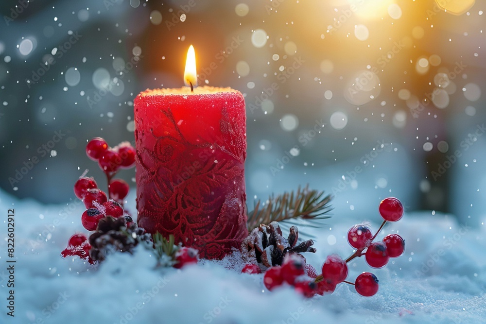 Candle lit in snow with berries Candle lit in snow with berries