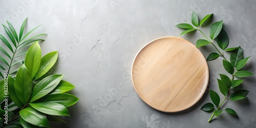 Wallpaper Mural Minimalist Round Wooden Platter with Green Leaves Torontodigital.ca