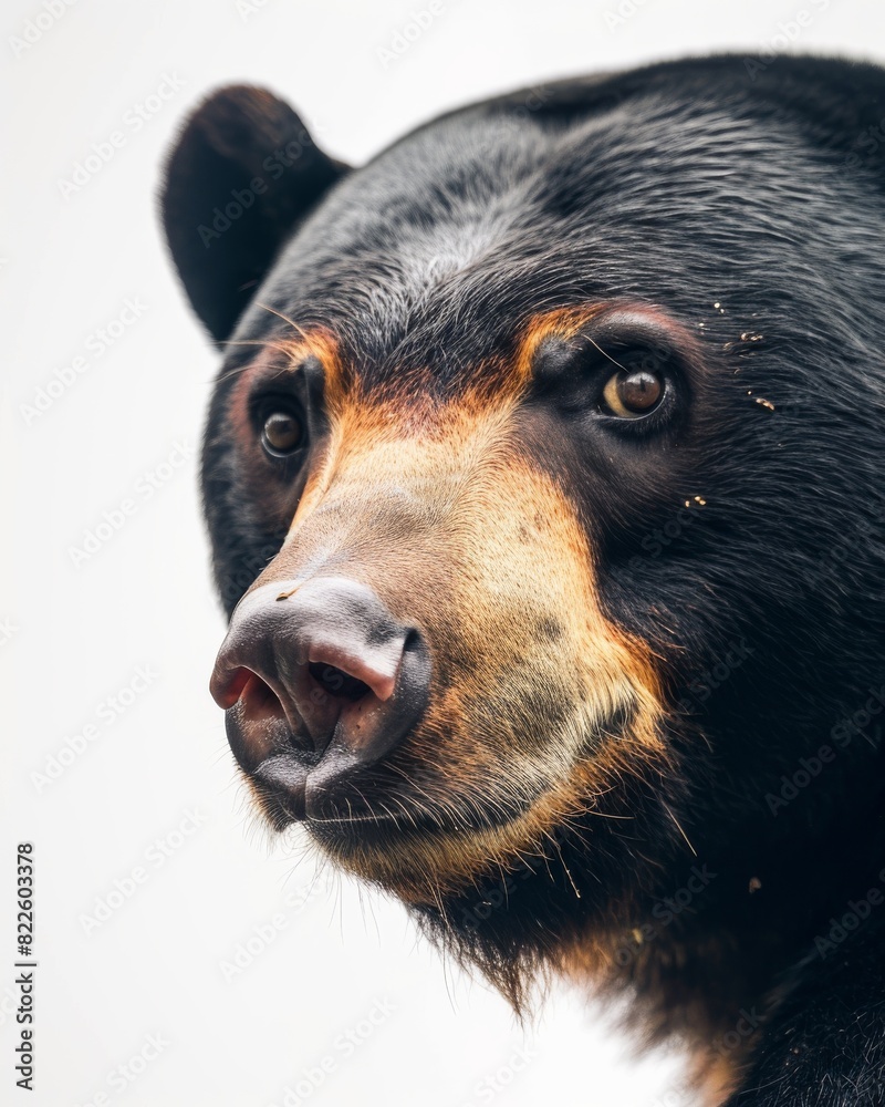 Mystic portrait of Malayan Sun Bear, copy space on right side, Anger, Menacing, Headshot, Close-up View Isolated on white background