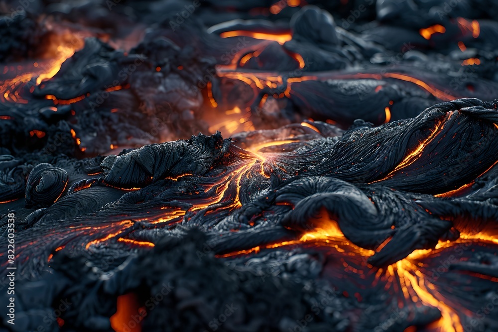 Close-up of molten lava flowing, abstract background. Natural disaster, cataclysm concept. Dramatic nature landscape. Design for banner, wallpaper