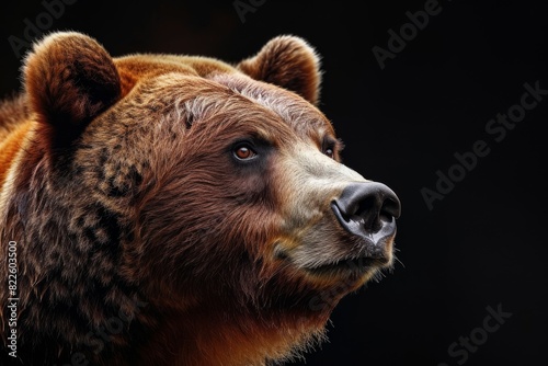 Mystic portrait of Kodiak Bear in studio, copy space on right side, Anger, Menacing, Headshot, Close-up ViewIsolated on black background