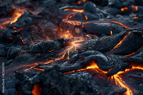 Close-up of molten lava flowing, abstract background. Natural disaster, cataclysm concept. Dramatic nature landscape. Design for banner, wallpaper