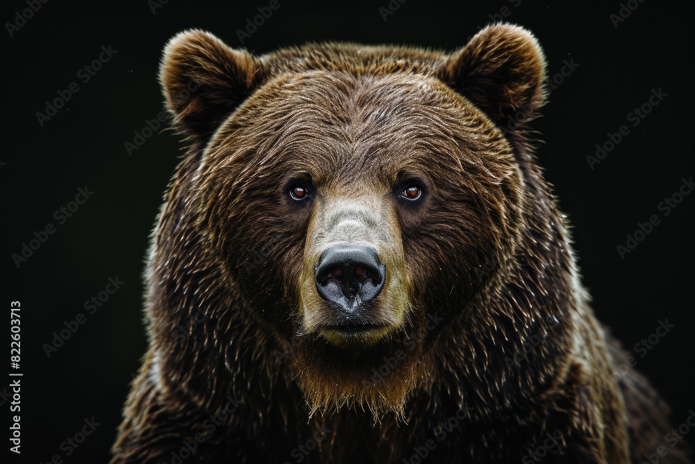 Mystic portrait of Grizzly Bear in studio, copy space on right side, Anger, Menacing, Headshot, Close-up View Isolated on black background Mystic portrait of Grizzly Bear in studio, copy space on right side, Anger, Menacing, Headshot, Close-up View Isolated on black background