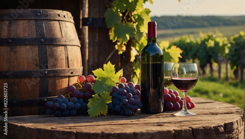 Rustic scene, bottles, wineglasses, grapes, and a barrel in the countryside.