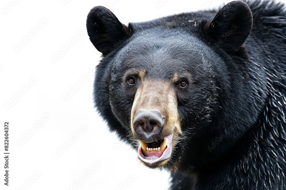 Mystic portrait of American Black Bear in studio, copy space on right side, Anger, Menacing, Headshot, Close-up View Isolated on white background
