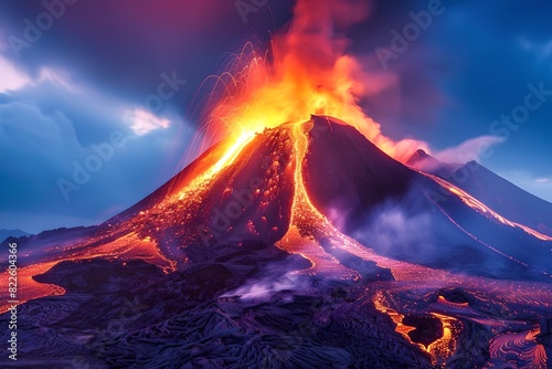 Volcano eruption with glowing lava. Natural disaster, cataclysm concept. Dramatic nature landscape. Design for banner, wallpaper