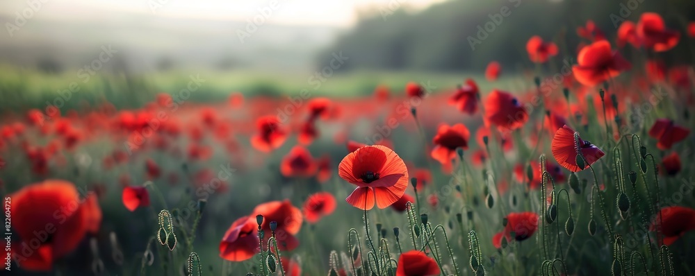 Obraz premium Vivid red poppies in focus with a soft, green serene meadow back