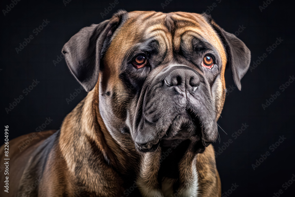 English Mastiff in studio setting against black backdrop, showcasing their playful and charming personalities in professional photoshoot. English Mastiff in studio setting against black backdrop, showcasing their playful and charming personalities in professional photoshoot.
