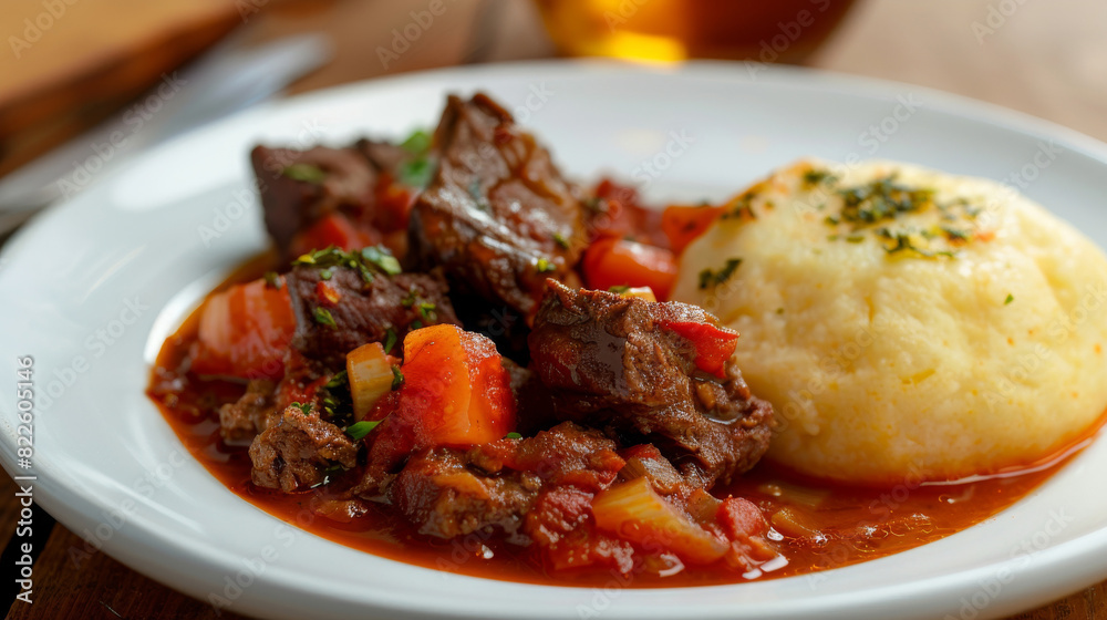 Homemade beef stew with tender carrots and rich gravy, served with creamy mashed potatoes on a rustic wooden table Homemade beef stew with tender carrots and rich gravy, served with creamy mashed potatoes on a rustic wooden table