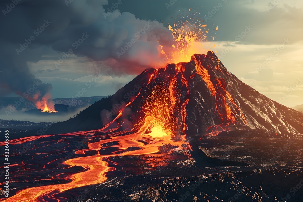 Active volcano with lava flow and erupting crater. Natural disaster, cataclysm concept. Dramatic nature landscape. Design for banner, wallpaper