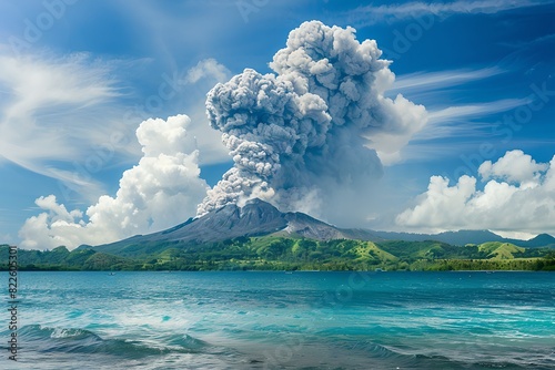 Volcano eruption with ash cloud over ocean. Natural disaster  cataclysm concept. Dramatic nature landscape. Design for banner  wallpaper