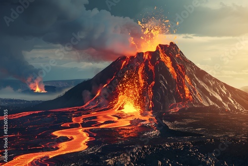 Active volcano with lava flow and erupting crater. Natural disaster  cataclysm concept. Dramatic nature landscape. Design for banner  wallpaper