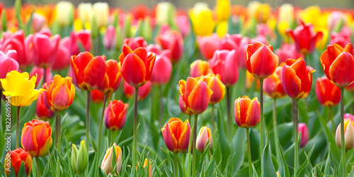 A field of colorful tulips in full bloom during spring  perfect for gardening  landscape design  and festive celebrations.