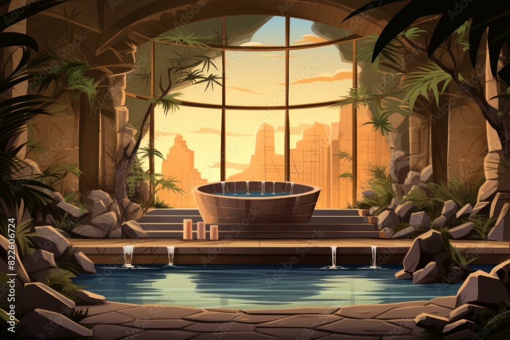 Illustration of a tranquil spa retreat with a boat, surrounded by nature, overlooking a cityscape at sunset