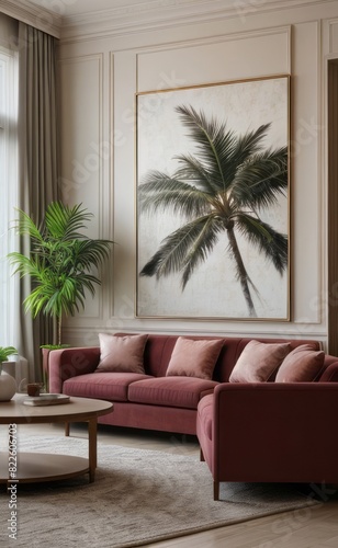 Sophisticated professional photograph of a burgundy and rose gold luxury living room interior with abstract art and indoor palm trees