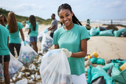 African American students cleaning up beach from plastic waste at sea shore, community effort, environmental protection, trash collection