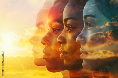 Diverse human faces blending into one portrait, symbolizing acceptance and equality, set against a radiant sunrise theme