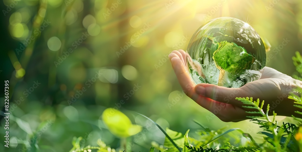 Hand Holding Glass Globe with Green Forest in Sunlight Hand Holding Glass Globe with Green Forest in Sunlight