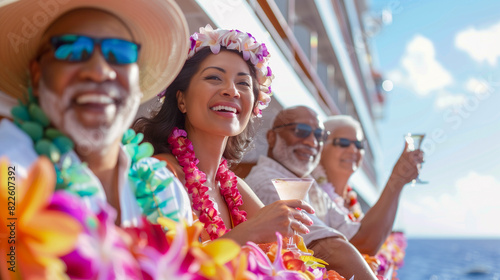Multi-ethnic Passengers Wearing Tropical Lei and Enjoying Cocktails From the Railing of a Luxury Cruise Ship. Generative AI.