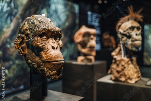Human Evolution Unveiled A museum exhibit showcasing the fossilized remains and artistic reconstructions of our ancient ancestors photo