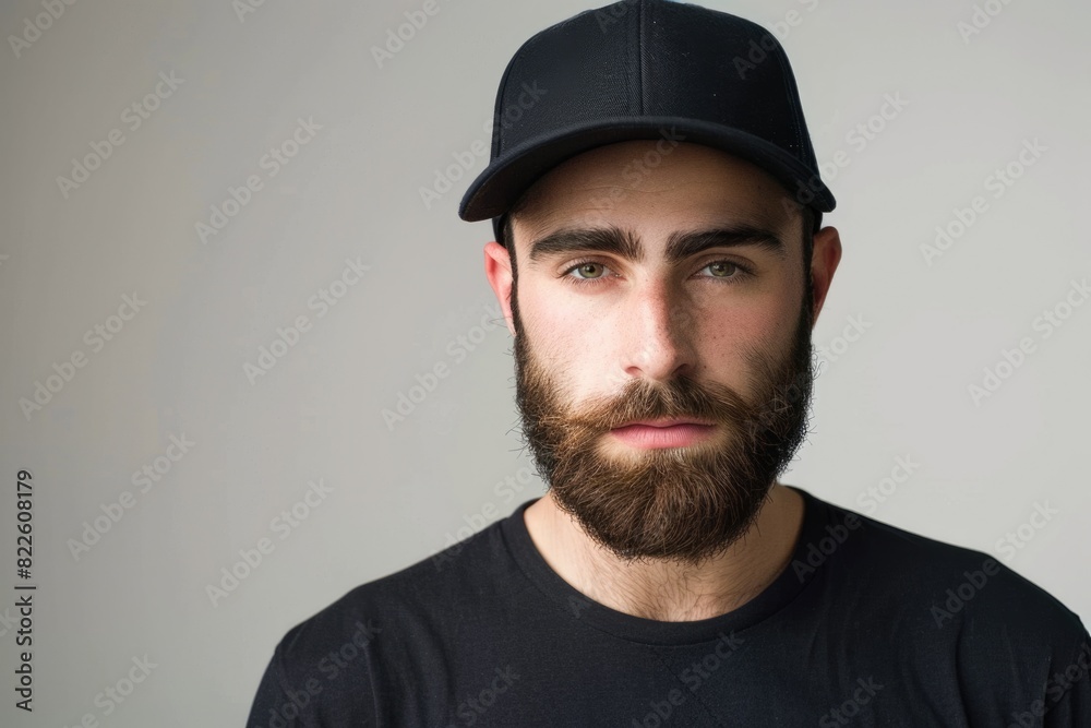Hat Model. Hipster Portrait of Young Male Fashion Model Wearing Black Baseball Cap Hat Model. Hipster Portrait of Young Male Fashion Model Wearing Black Baseball Cap