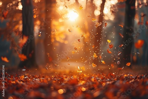 Leaves fall from trees in a forest at sunset