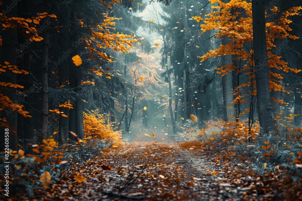 Fototapeta premium Path with fallen yellow leaves in forest