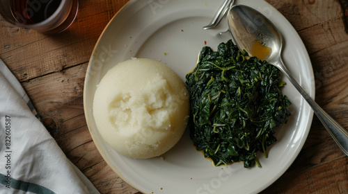Traditional east african feast with hearty ugali and sukuma wiki served on a rustic wooden table photo