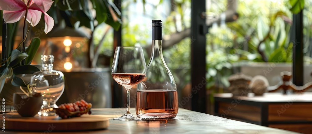 Elegant wine bottle and glass with pink flowers on a table with warm lighting in cozy indoor setting.