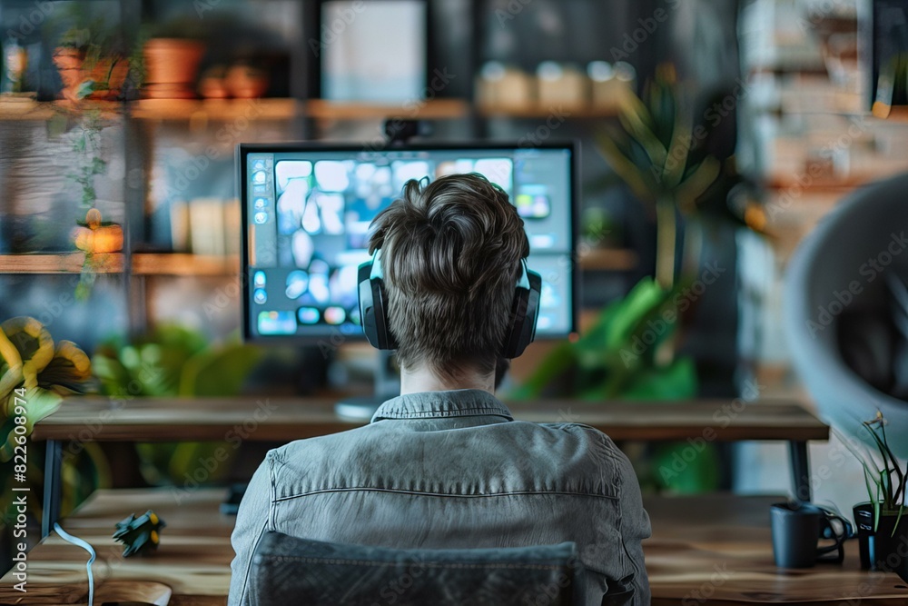 Person working desk computer headphones Person working desk computer headphones