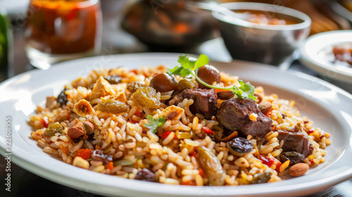 Savory middle eastern mixed rice with tender meat, raisins, almonds, and fresh herbs, ready to enjoy
