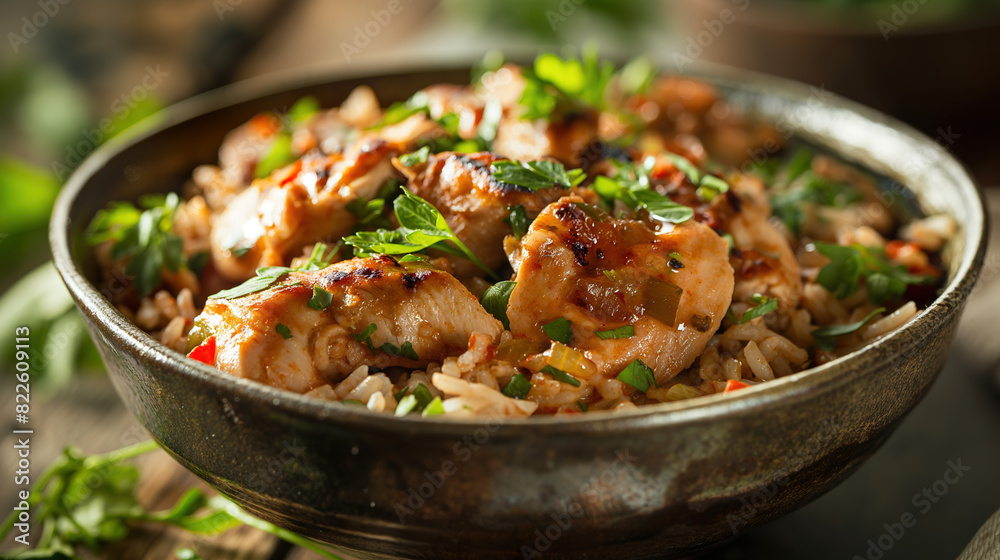 Savory Grilled Chicken and Brown rice in a bowl,