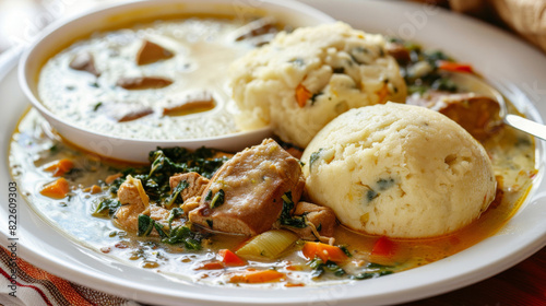 Savory african fufu with rich, spicy soup, assorted vegetables, and tender meat pieces in a close-up white bowl
