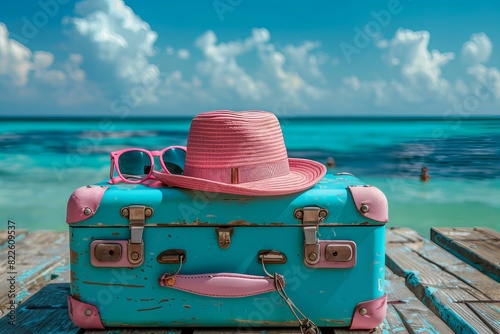 Turquoise suitcase, pink hat, sunglasses on wooden dock photo