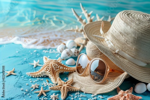 Hat, sunglasses, sea star, shells on sandy shore photo