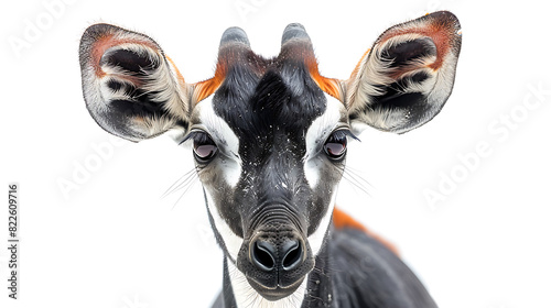 Okapi, Okapia johnstoni, artiodactyl giraffe African animal, portrait, close-up, isolated on white photo
