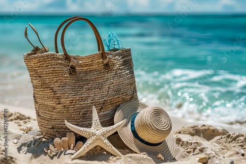 A straw hat and bag on sandy beach