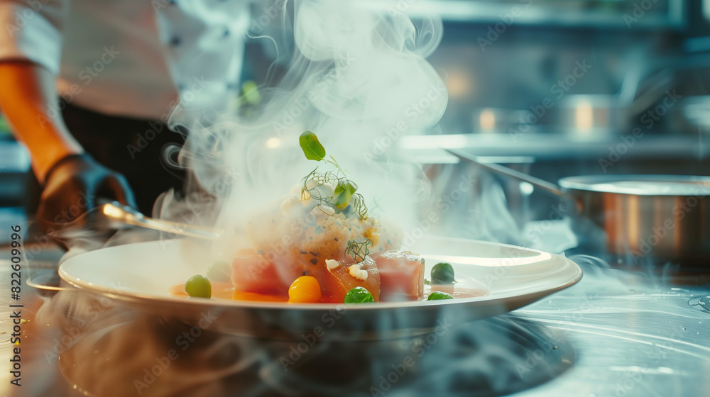 Gourmet dish being prepared in a high-end restaurant kitchen. Generative AI.