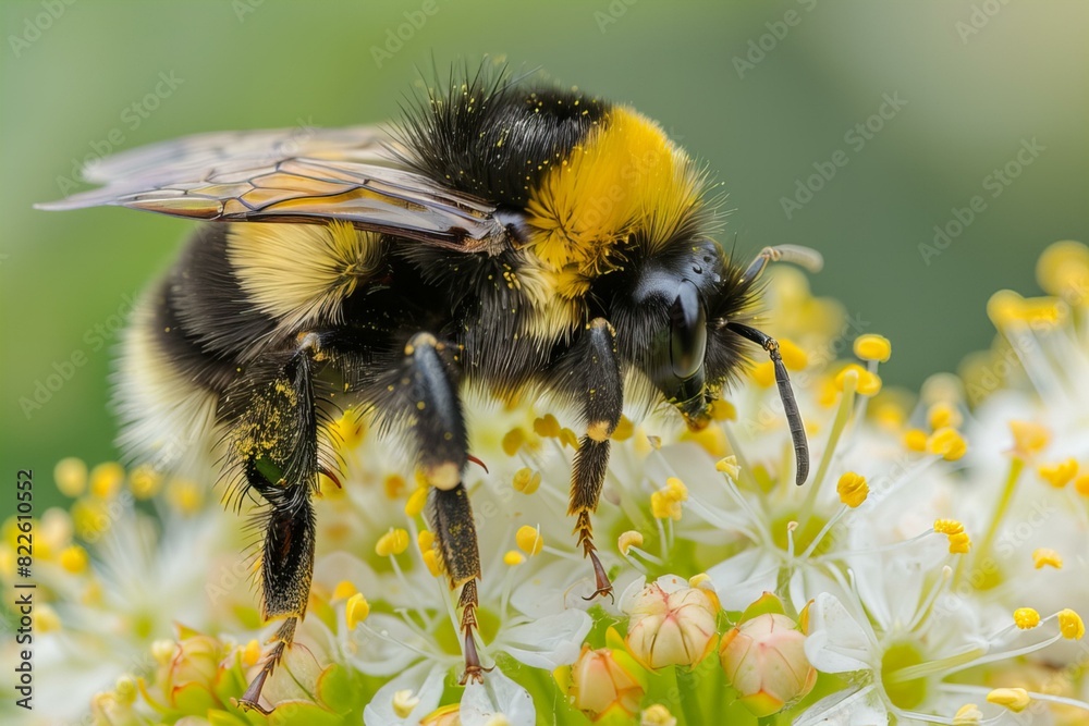 Bum on a flower with yellow pollen and black wings Bum on a flower with yellow pollen and black wings