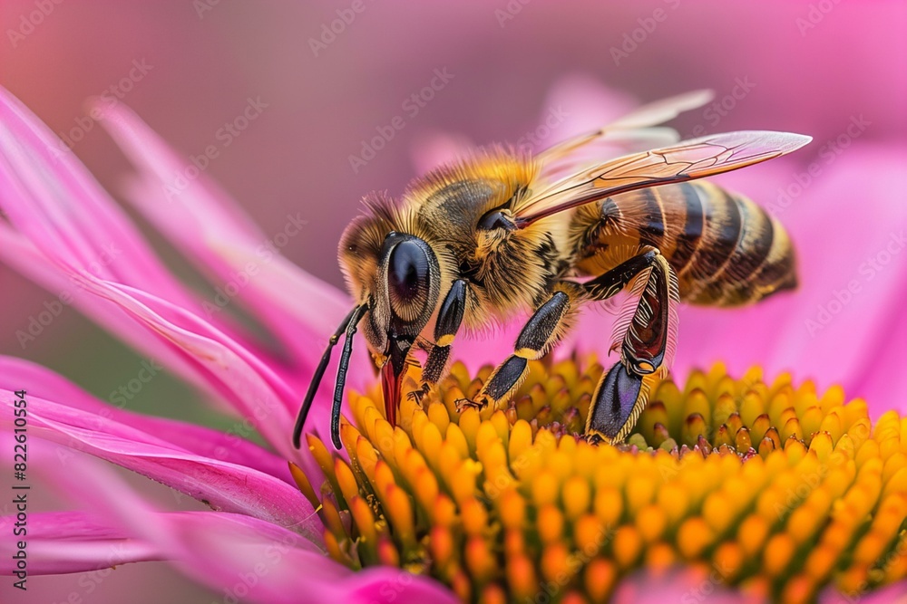 Bee pink flower yellow center Bee pink flower yellow center