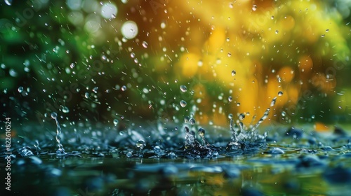 A close up of rain drops falling into a puddle, capturing the beauty of water and reflecting the natural landscape like grass and terrestrial plants AIG50