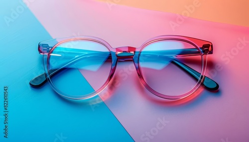 Modern transparent glasses with a stylish frame on a vibrant, colorful background. Perfect for fashion, eye care, and trendy accessories imagery. © J@x In The Box