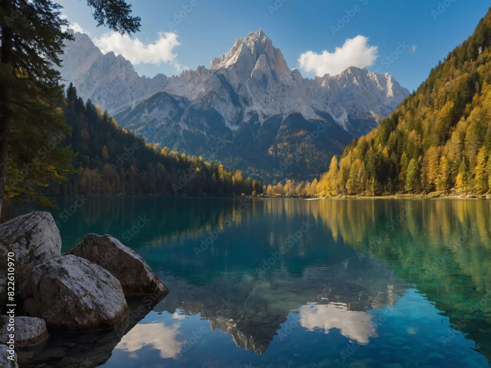 Scenic view of Fusine Lake with Mangart peak in the Julian Alps, Udine, Italy, Europe.