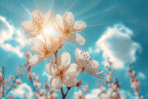 Sunlight streaming through white flowers on a branch photo